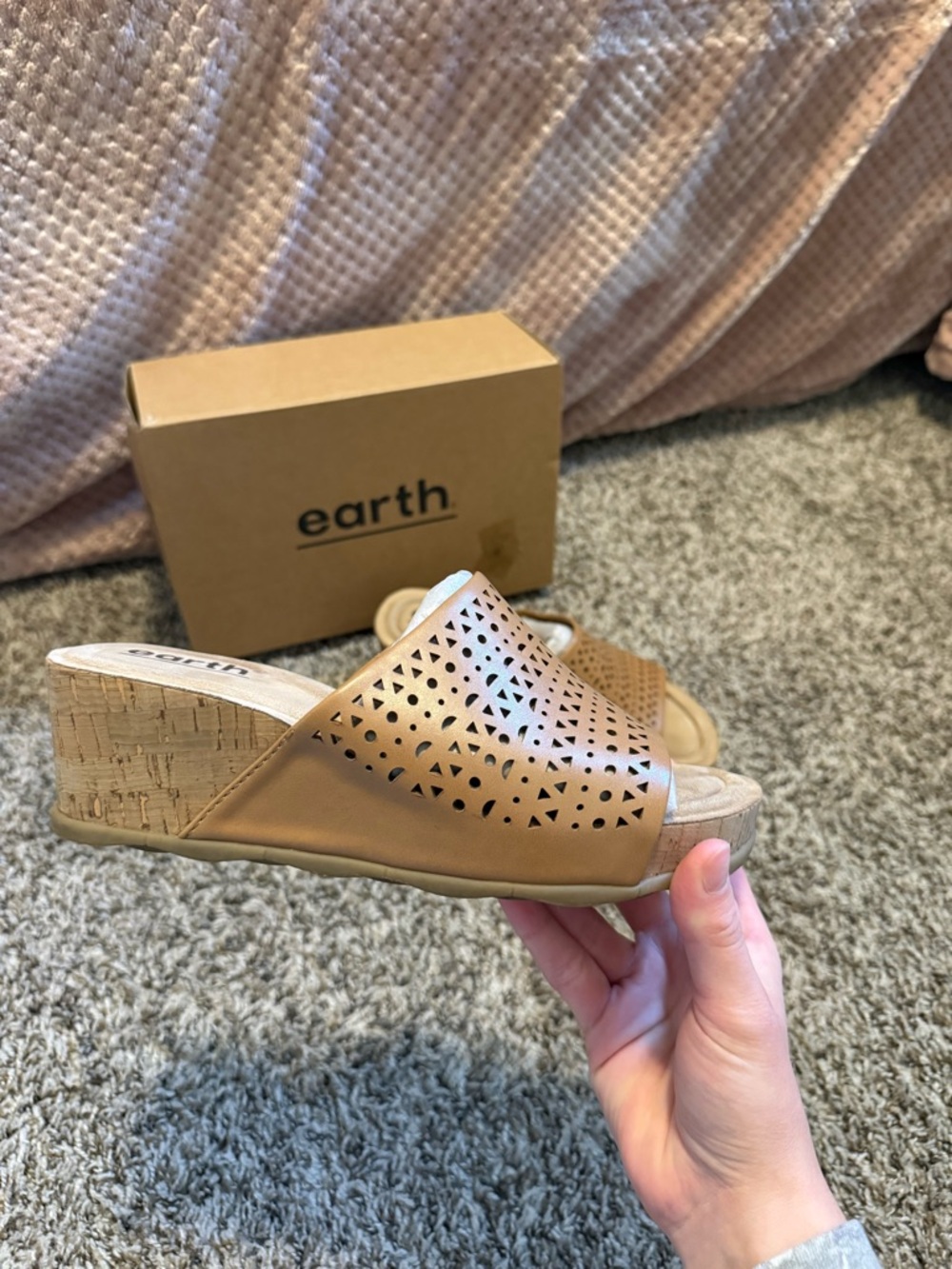 Earth Tan Laser-Cut Cork Wedge Slide Sandals
